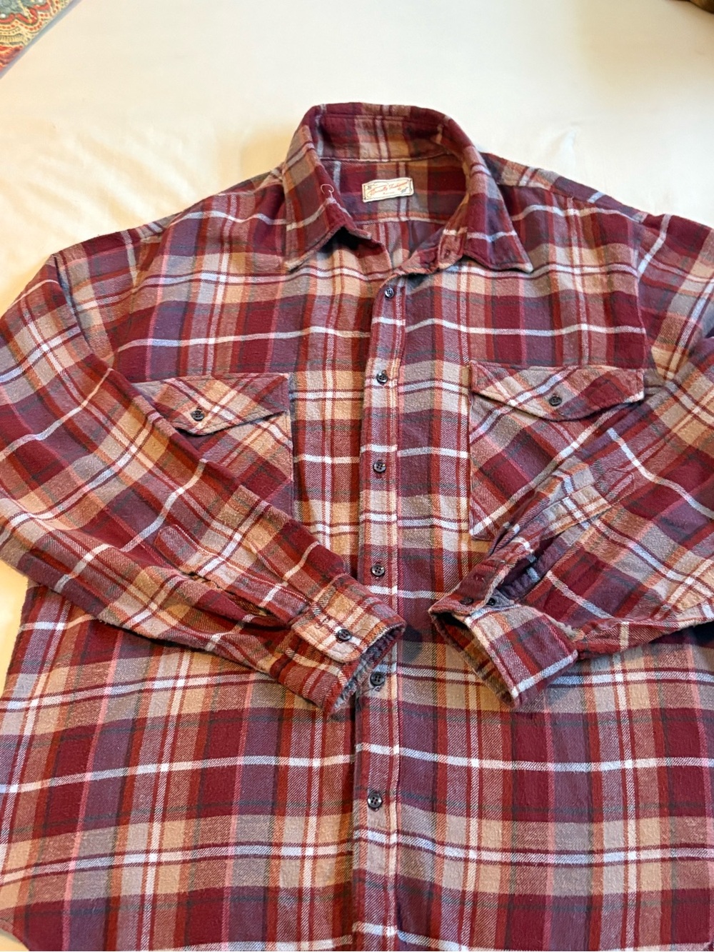Vtg handmade red plaid flannel shirt button up cabin cozy casual, one of a kind